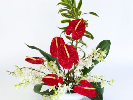 With Our Aloha - Hawaiian flowers in red and white with foliage