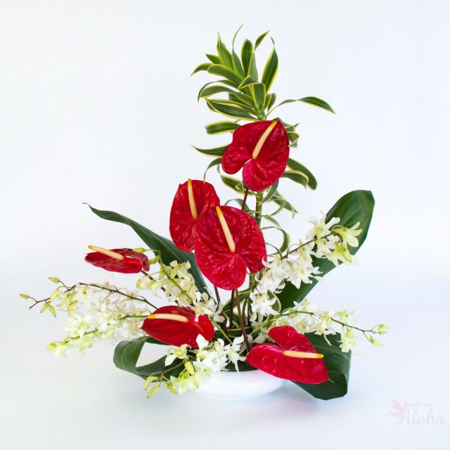 With Our Aloha - Hawaiian flowers in red and white with foliage