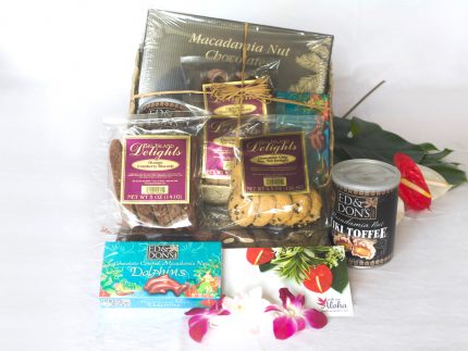 Hawaiian gift basket lauhala with Hawaiian chocolates, macadamia nuts