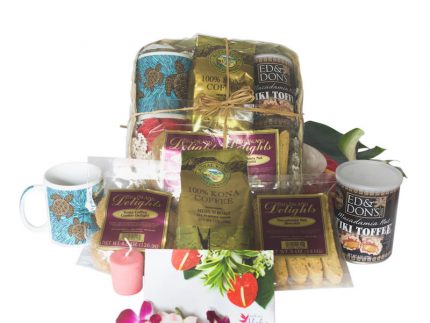 Hawaiian Kona Coffee gift basket with cookies and candy