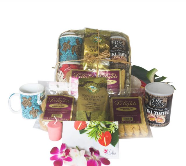Hawaiian Kona Coffee gift basket with cookies and candy