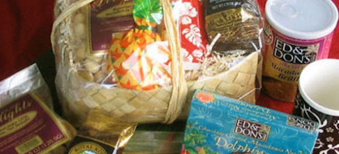 Hawaiian Gift Baskets </br> Gift baskets are a great gift for office colleagues, bosses, acquaintances, or even family members and in-laws. The Island Bounty is our top seller, it has a little bit of everything Aloha including Hawaiian Kona Coffee, candy, chocolate, cookies, and a Hawaiian print coffee mug. All contents are made in Hawaii.