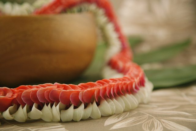 red and white Hawaiian lei Kapalua style