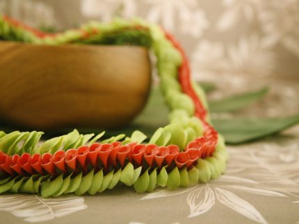 red and green orchid lei